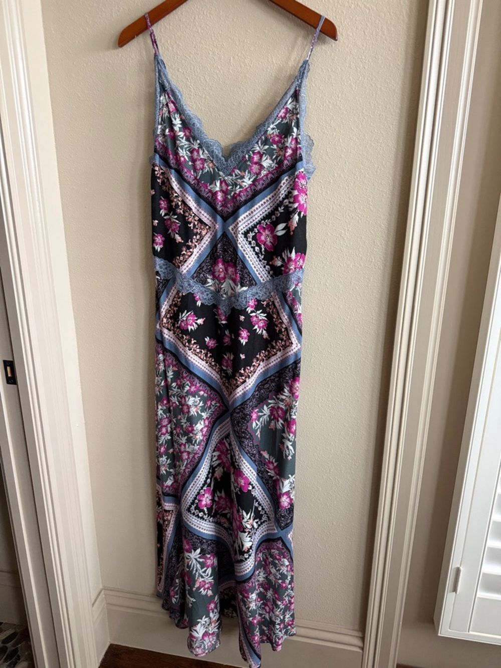 Floral Lace-Trim Maxi Slip Dress in Black and Pink